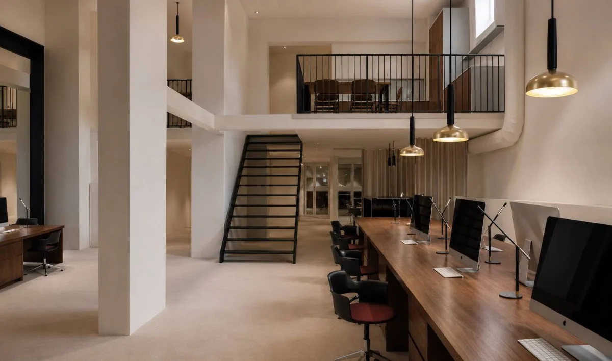 Open-plan workspace with custom lighting and contemporary furnishings