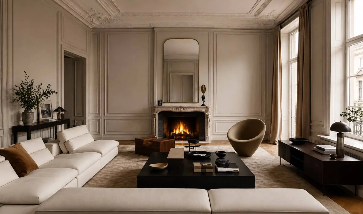 Elegant living room with period detailing, fireplace and contemporary furniture